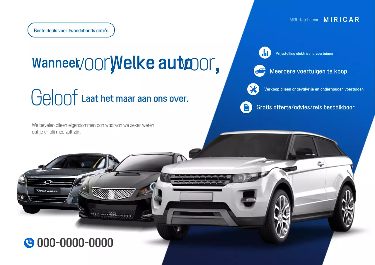 Blauwe moderne tweedehands auto advertentie