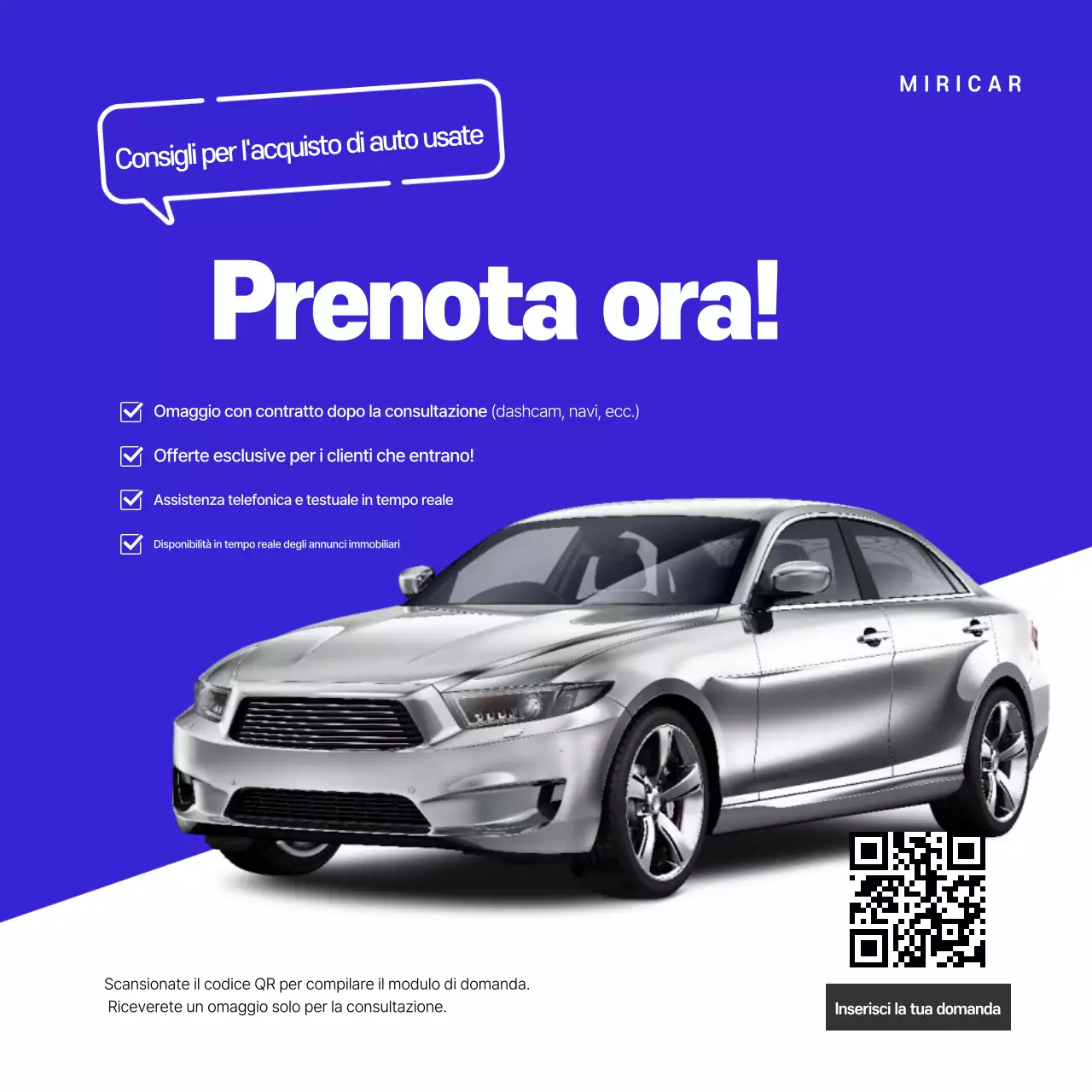 Promozione di consulenza per auto usate moderne blu