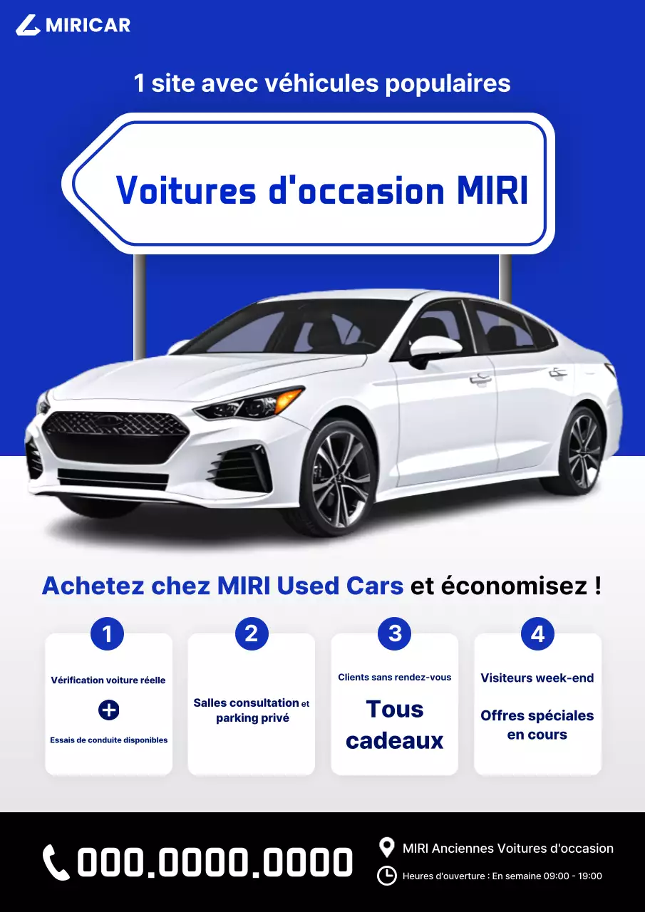 Publicité pour une voiture d'occasion moderne bleue