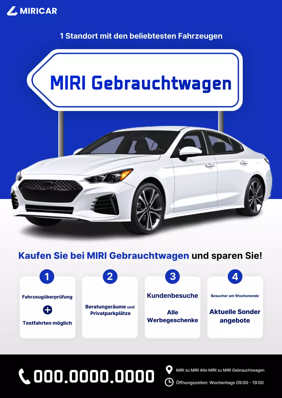 Blaue moderne Gebrauchtwagenanzeige