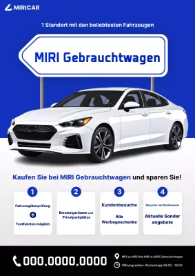 Blaue moderne Gebrauchtwagenanzeige
