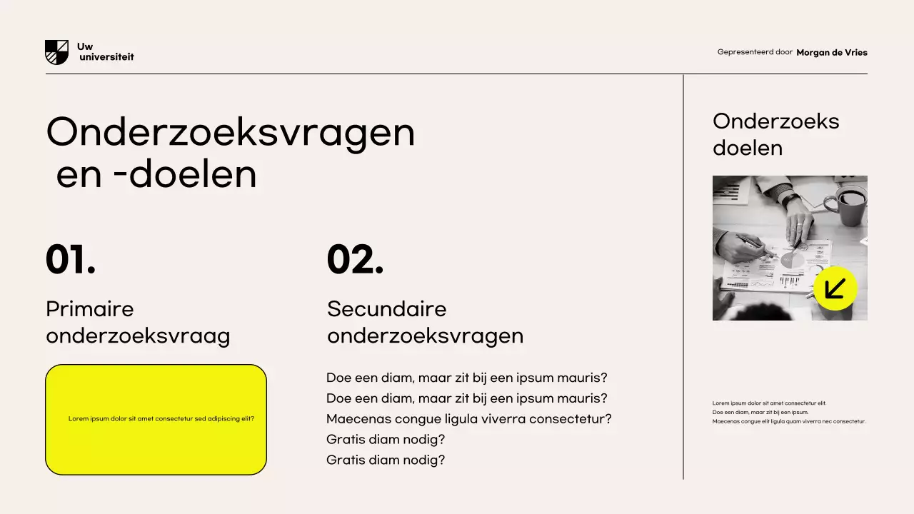 Presentatie van het gele moderne onderzoeksvoorsteldocument