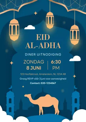Uitnodiging RSVP-poster voor het Eid al-Adha-feest met blauw-gouden Arabische Nacht