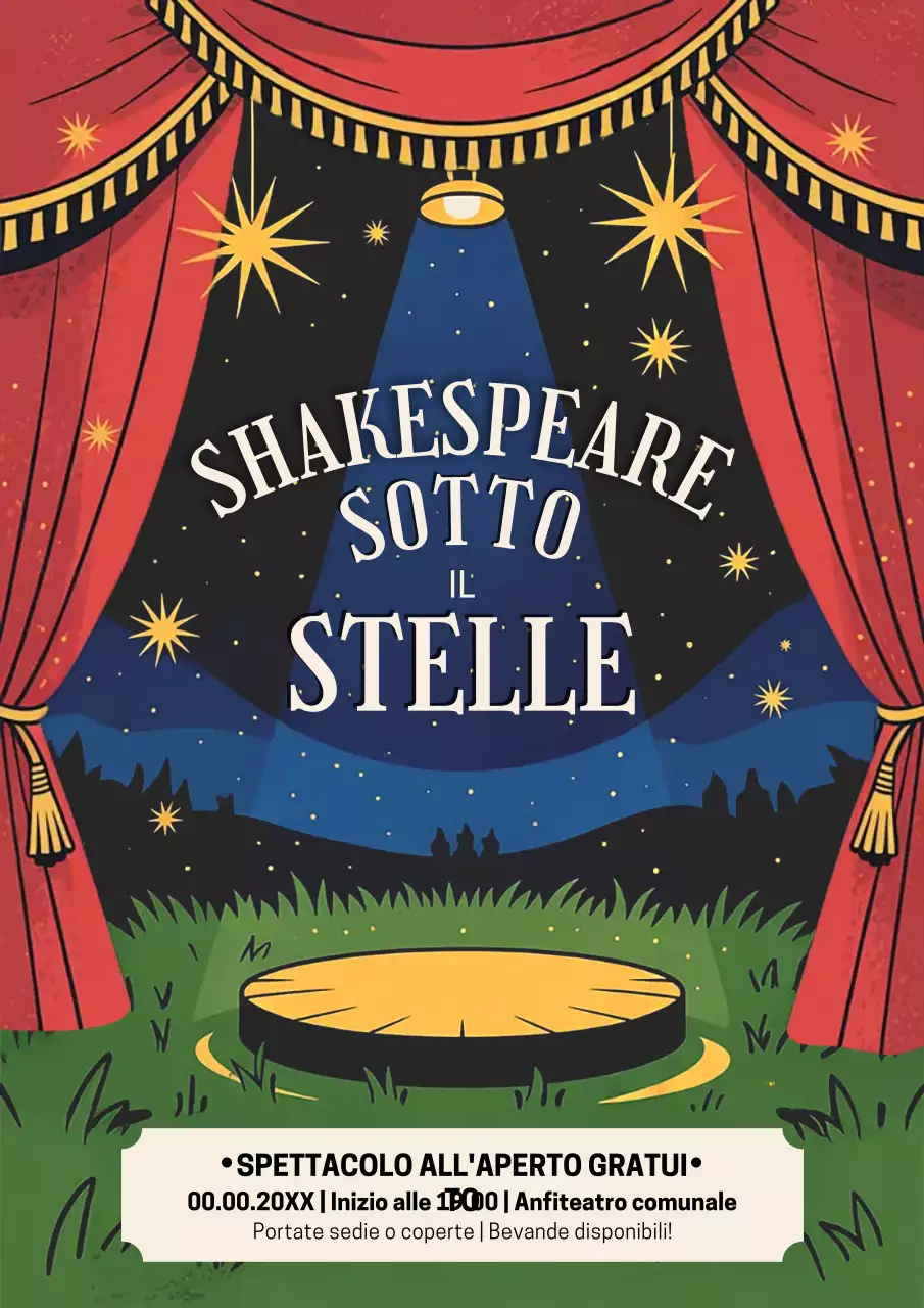 Manifesto rosso dell'evento teatrale d'epoca