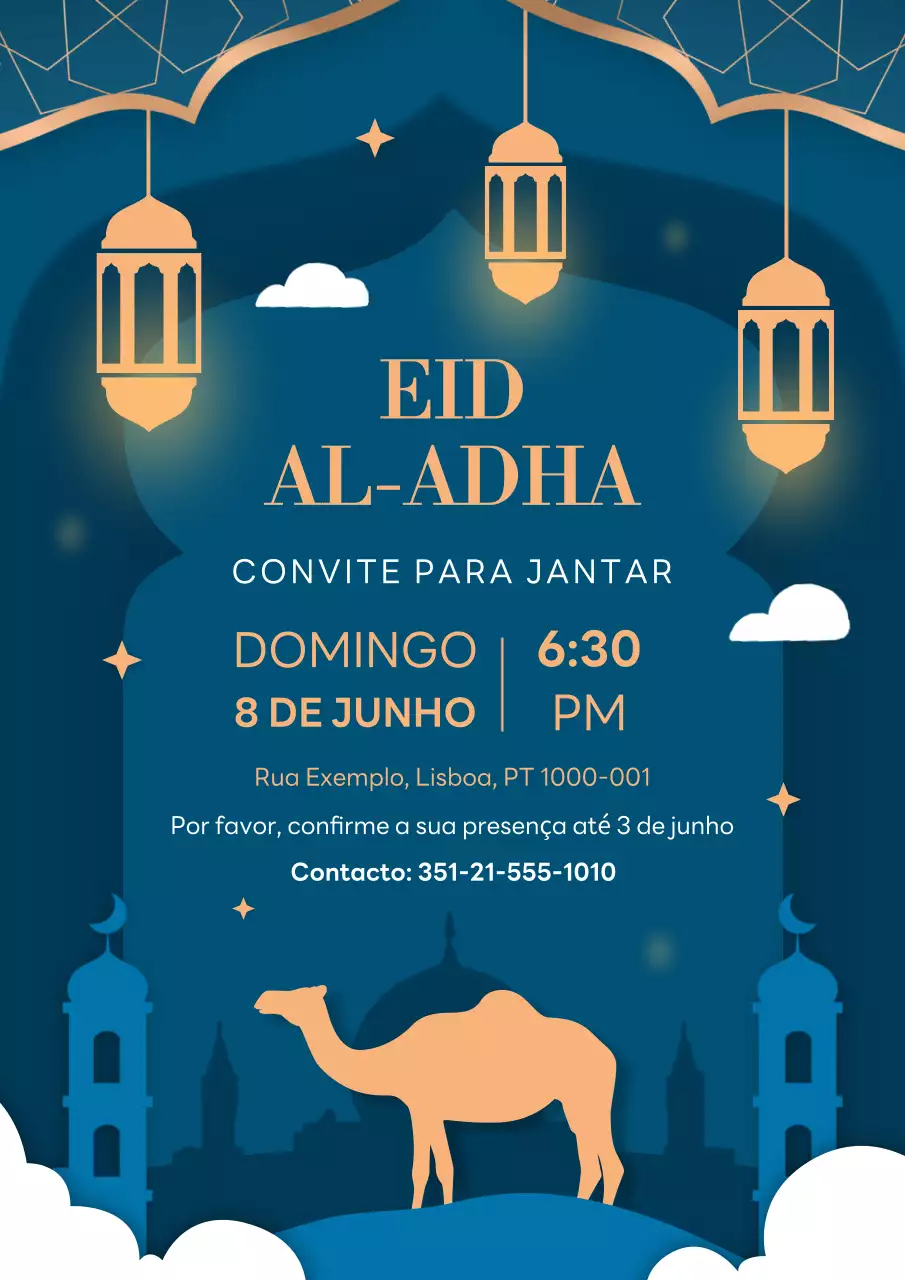 Convite para festa de celebração do Eid Al-Adha, azul marinho e dourado, pôster RSVP