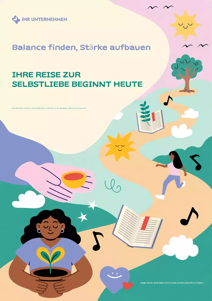 Farbenfrohes, modernes Poster mit Leitfaden zur Selbstpflege