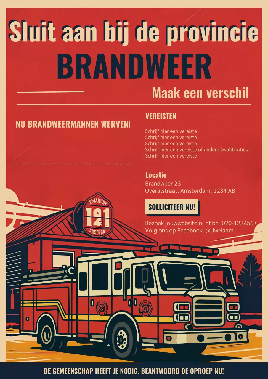 Rode retro brandweer wervingsposter