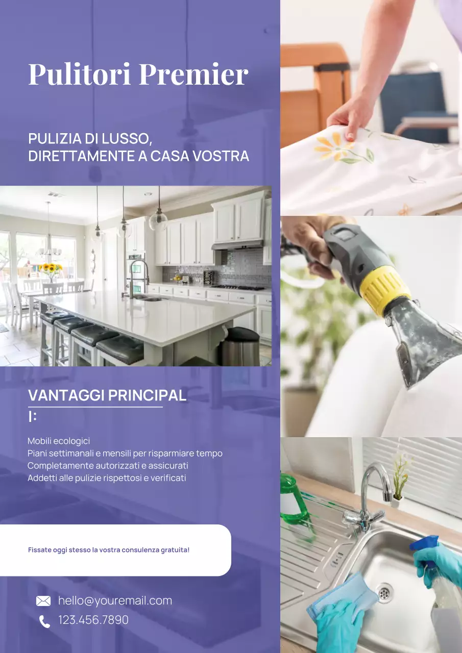 Manifesto pubblicitario per la pulizia moderna viola