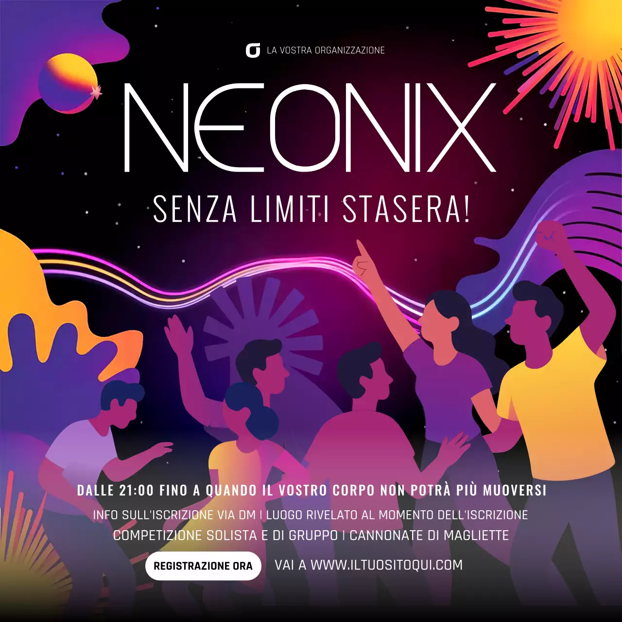 Manifesto promozionale per un evento di danza alla moda al neon