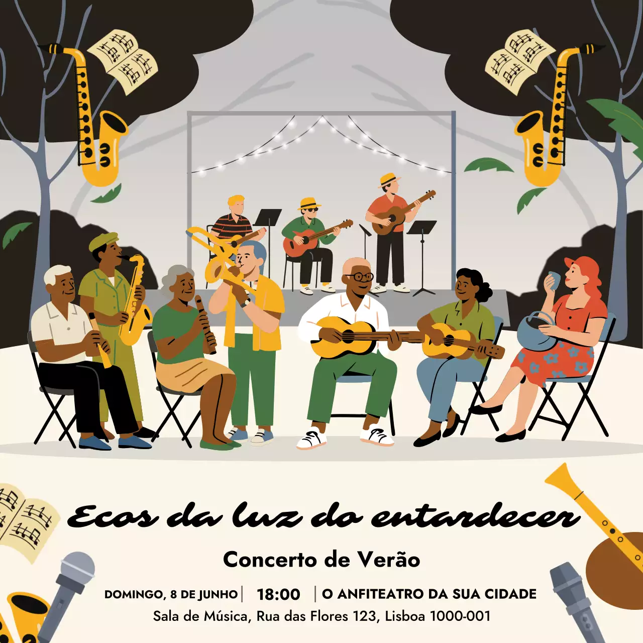 Convite para show retrô amarelo em mídia social