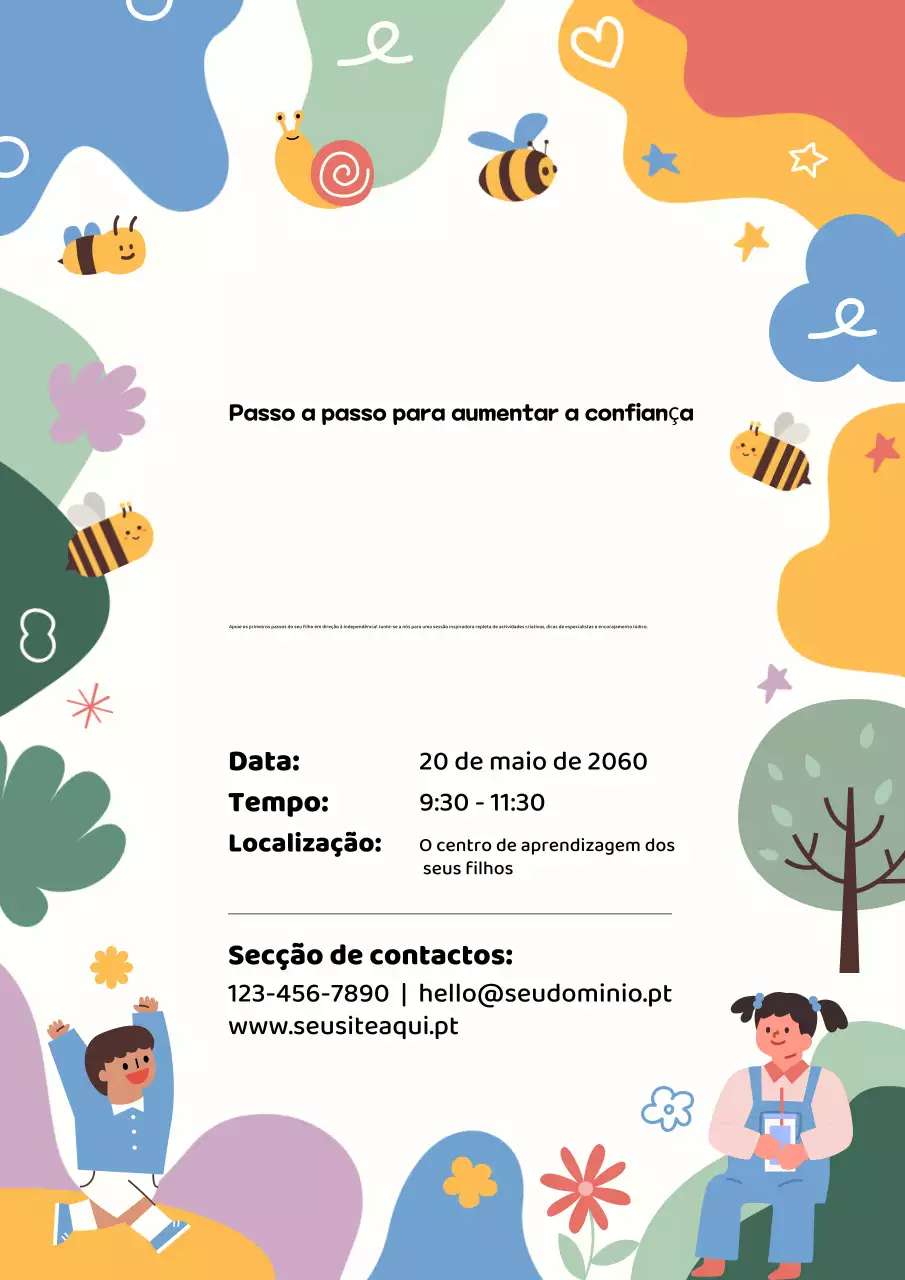 Cartaz de anúncio de evento infantil colorido e divertido