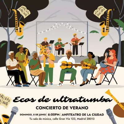 Publicación en redes sociales de invitación a un concierto retro amarillo