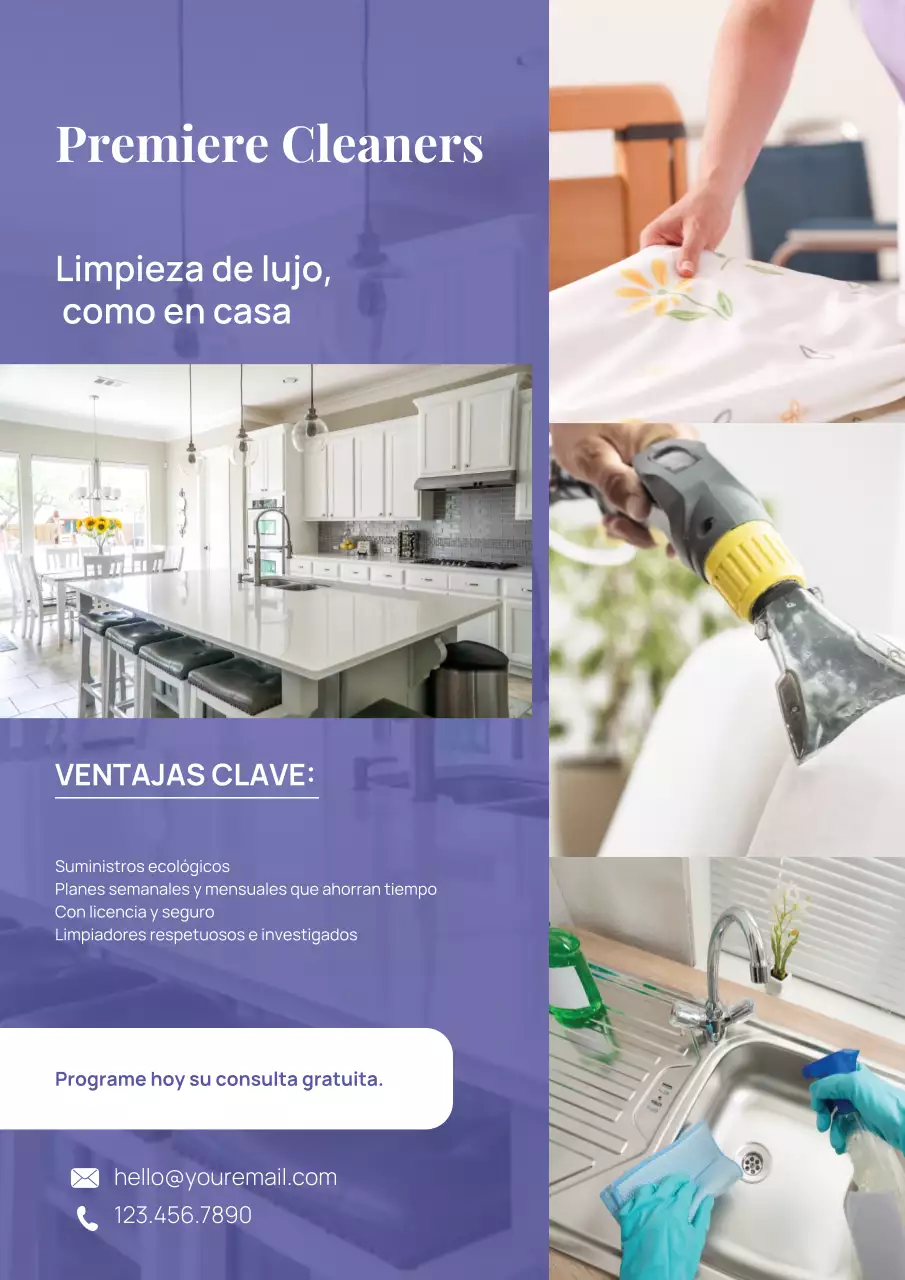 Cartel publicitario de limpieza moderna de color morado