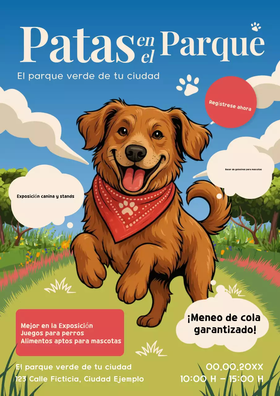 Póster de invitación al evento "Perro juguetón azul"