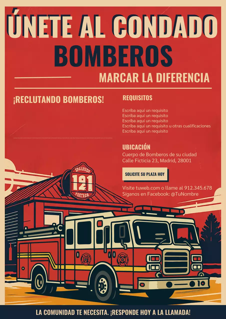 Cartel retro rojo de reclutamiento del Departamento de Bomberos
