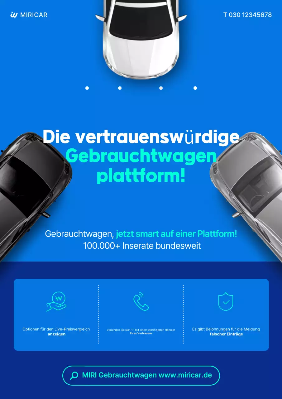 Blaue moderne Gebrauchtwagenanzeige