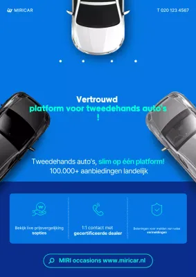 Blauwe moderne tweedehands auto advertentie