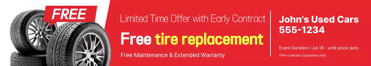 Anúncio do evento de troca gratuita de pneus em vermelho e amarelo