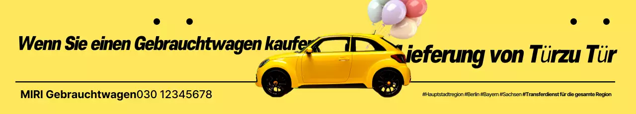 Kostenlose Fahrzeugauslieferungsaktionswerbung beim Kauf eines einfachen Gebrauchtwagens in Gelb und Schwarz