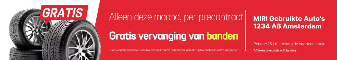 Advertentie voor het gratis bandenwisselevenement in rood en geel