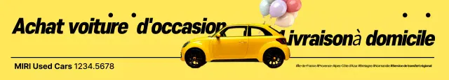 Annonce d'événement de livraison de véhicule gratuite lors de l'achat d'une simple voiture d'occasion en jaune et noir