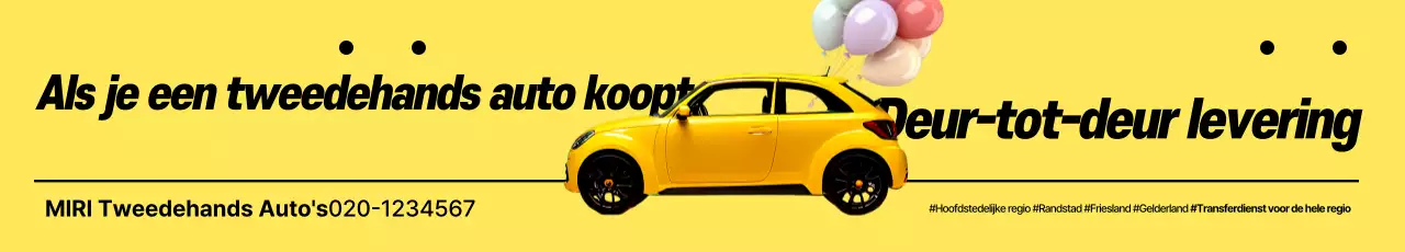 Gratis advertentie voor een voertuigleveringsevenement bij aankoop van een eenvoudige tweedehandsauto in geel en zwart