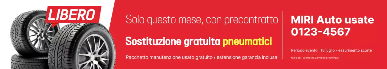 Pubblicità per l'evento di sostituzione gratuita degli pneumatici in rosso e giallo