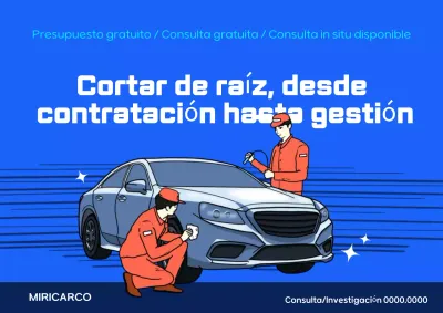 Promoción de tienda de autos usados con arte pop azul y azul marino