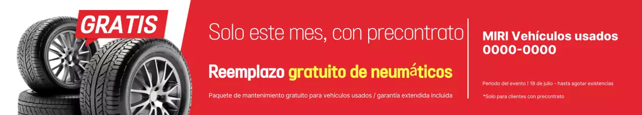 Anuncio del evento de reemplazo gratuito de neumáticos en rojo y amarillo.