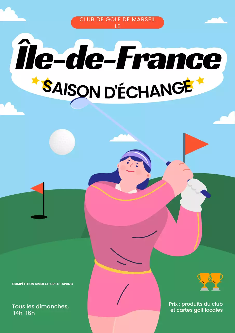 Affiche illustrative bleue et verte d'un événement sportif de golf