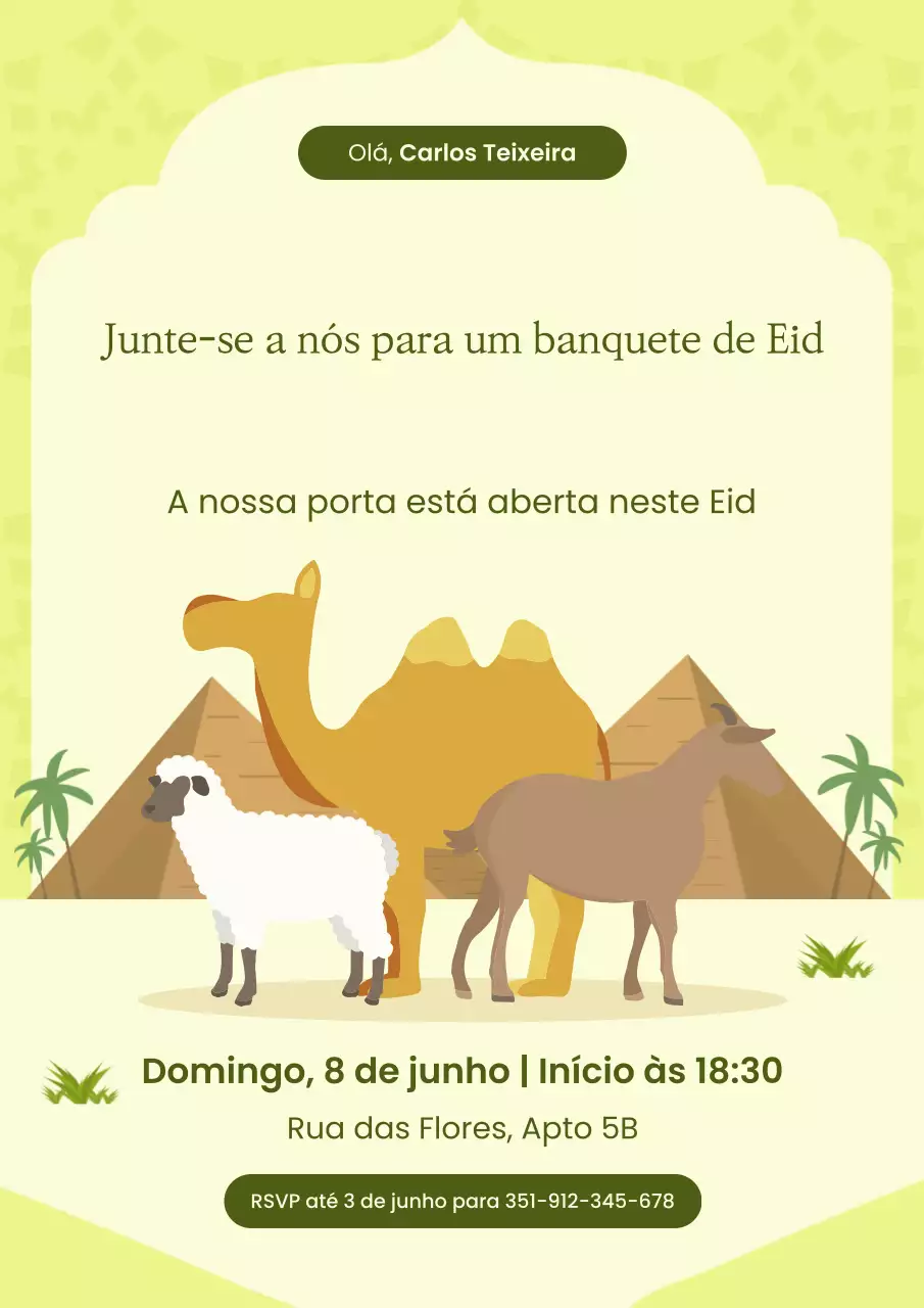 Cartaz de convite ilustrativo verde para o Eid Adha