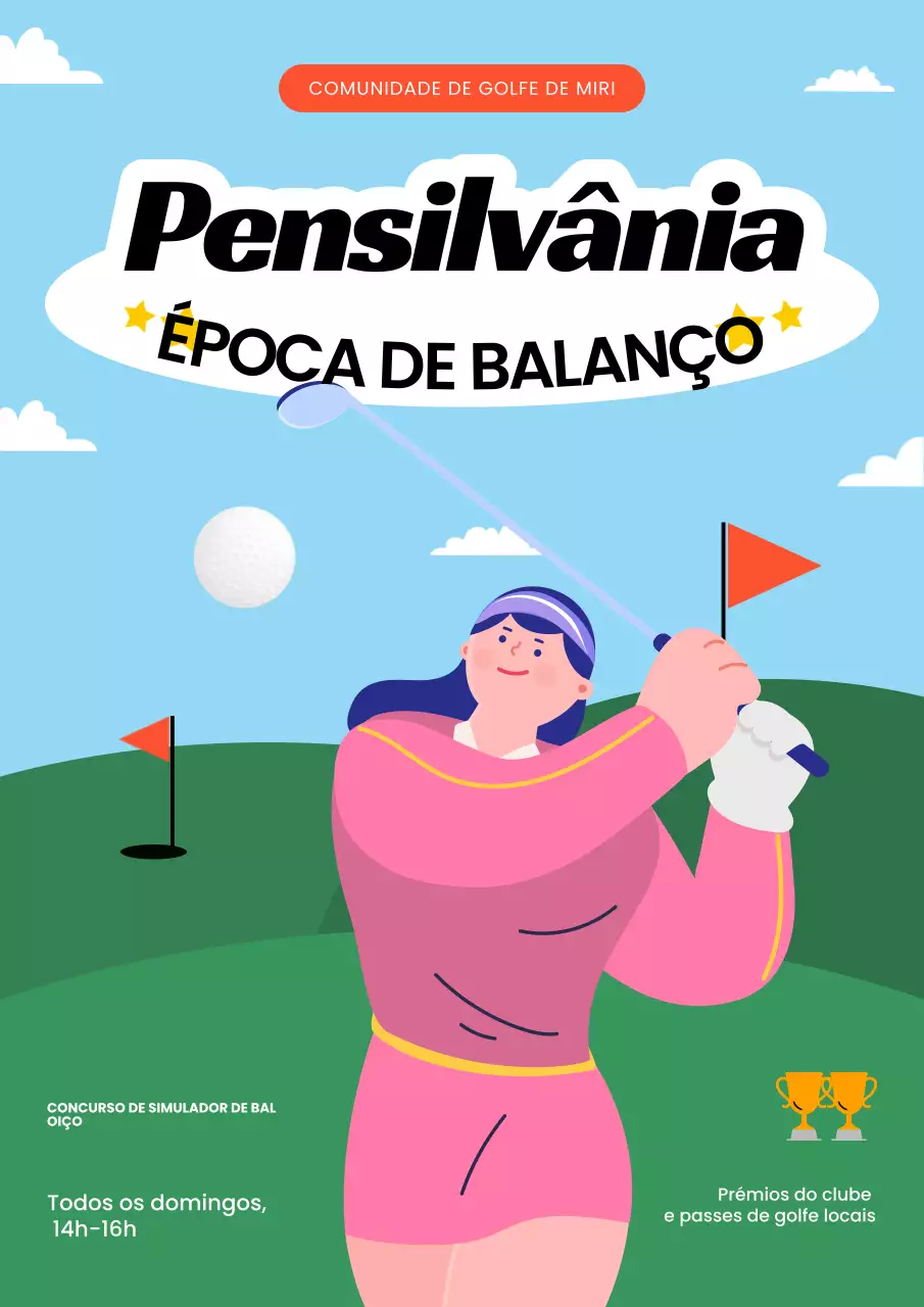Cartaz ilustrativo de evento esportivo de golfe em azul e verde