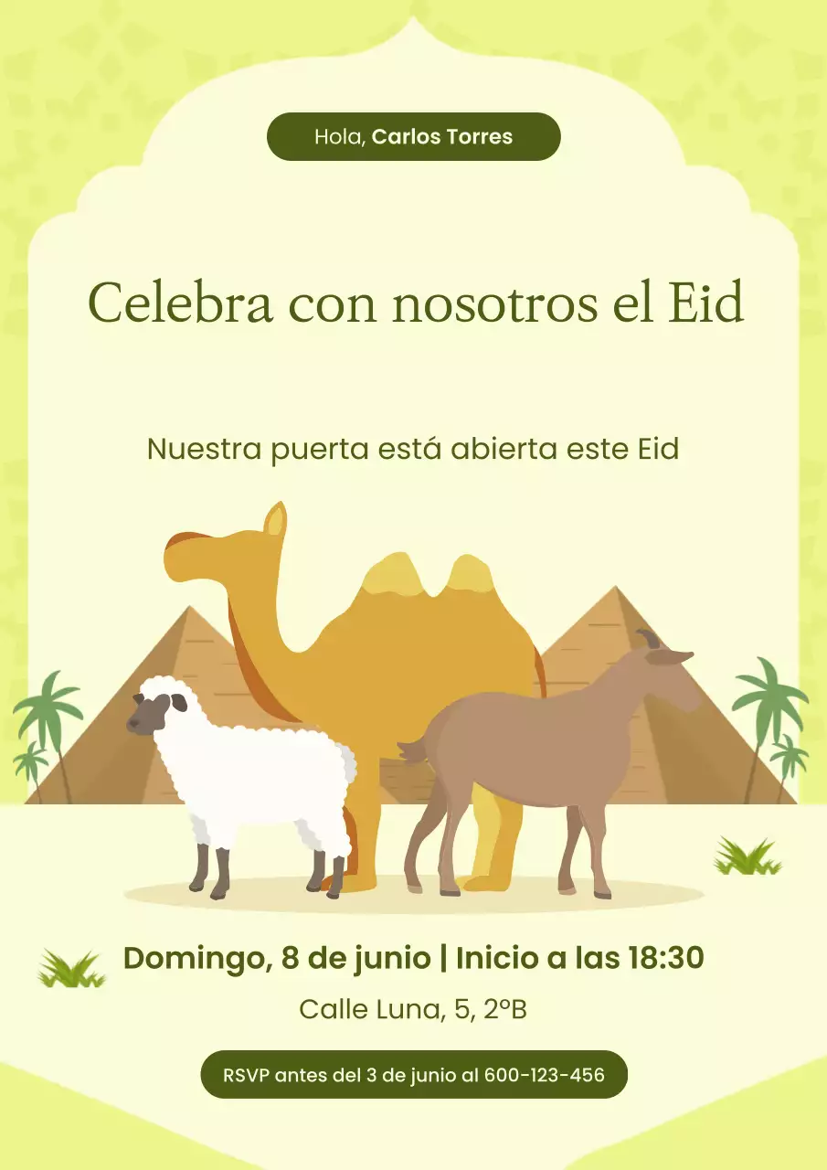 Cartel verde ilustrativo de invitación al Eid Adha