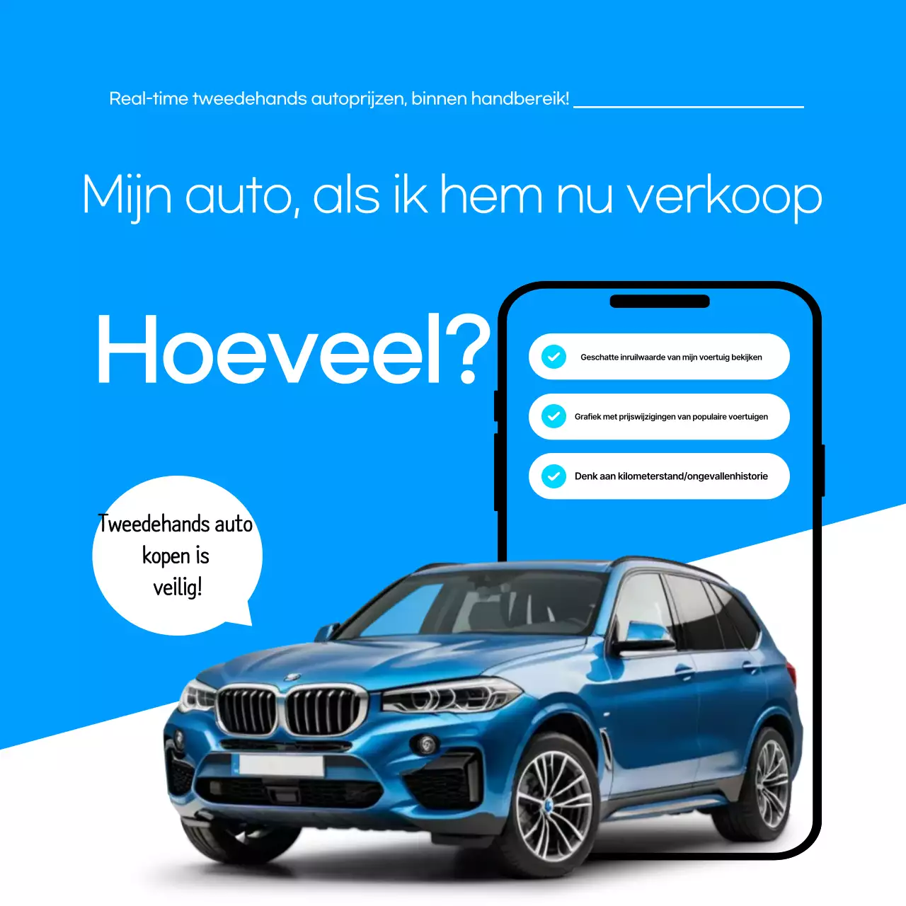 Advertentie voor blauwe moderne gebruikte auto te koop