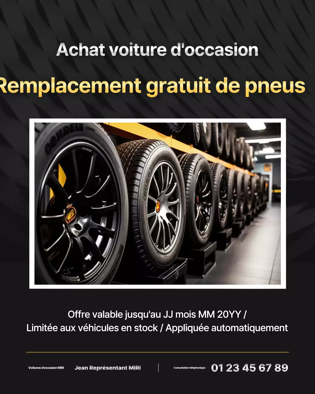 Annonce de remplacement de pneu de voiture d'occasion moderne noire