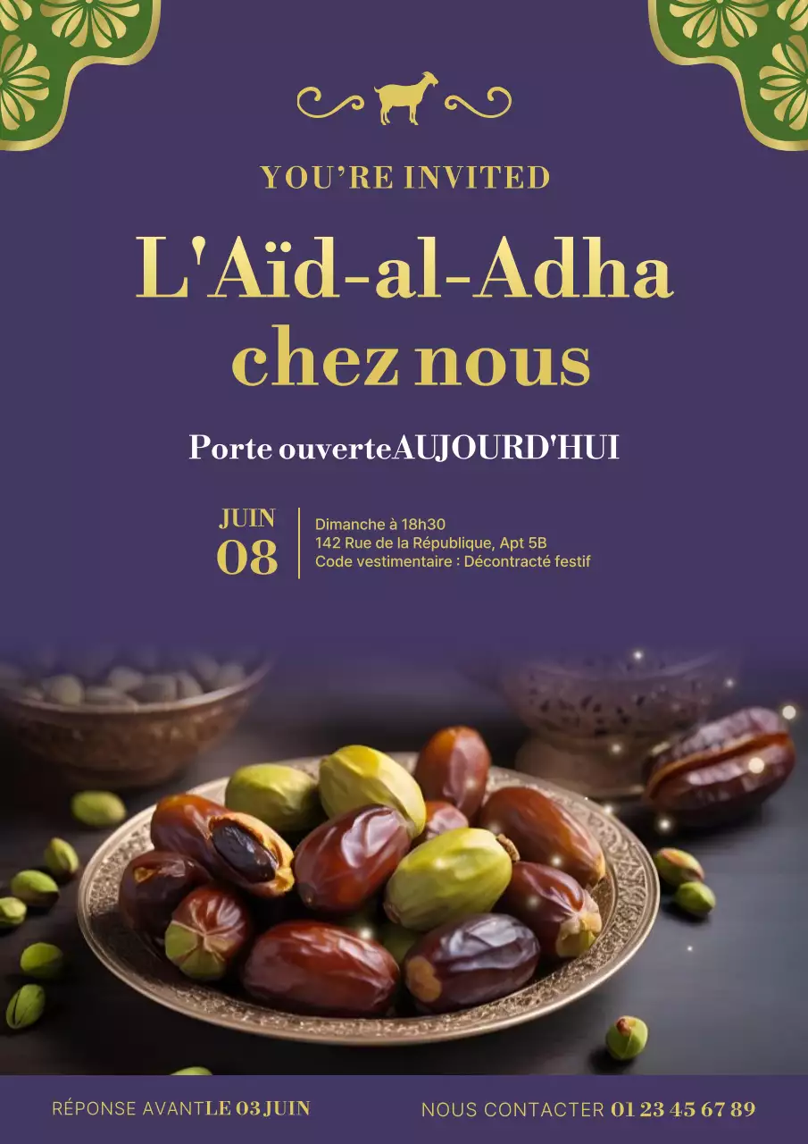 Affiche élégante d'invitation à la célébration de l'Aïd al-Adha