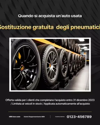 Annuncio di sostituzione di pneumatici per auto usate moderne e nere