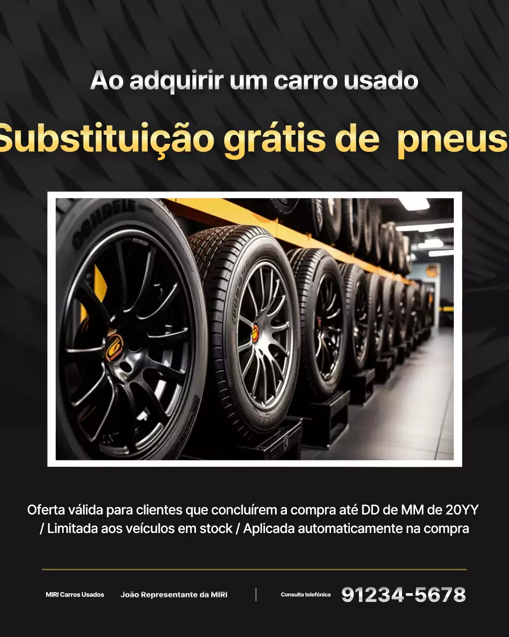 Anúncio de substituição de pneus de carros usados ​​modernos pretos