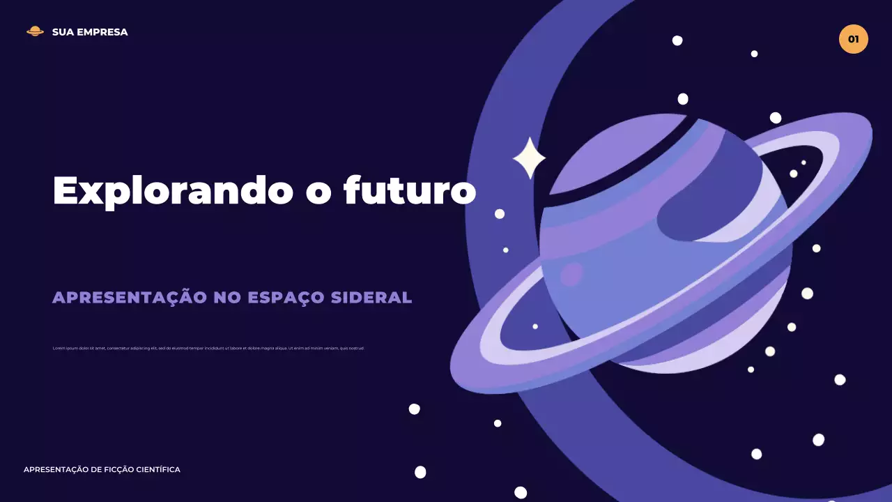 Apresentação ilustrativa de ficção científica futurista em roxo