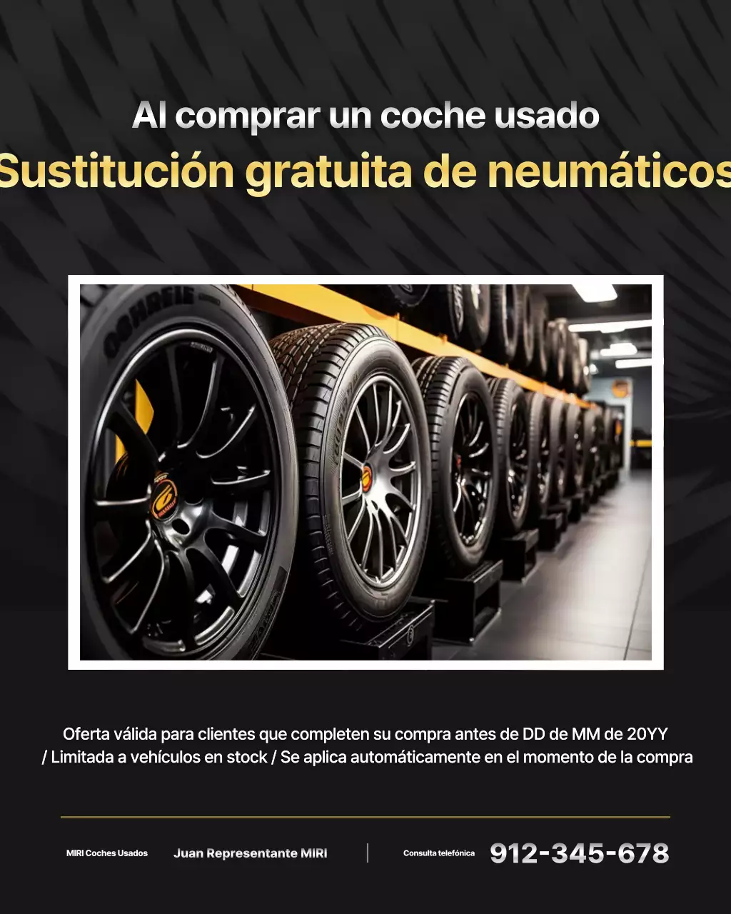 Anuncio de reemplazo de neumáticos de automóvil usado moderno de color negro