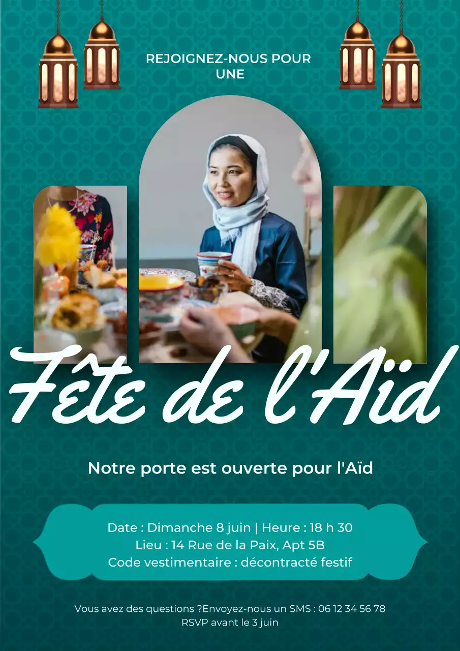 Affiche d'invitation traditionnelle de l'Aïd bleu sarcelle