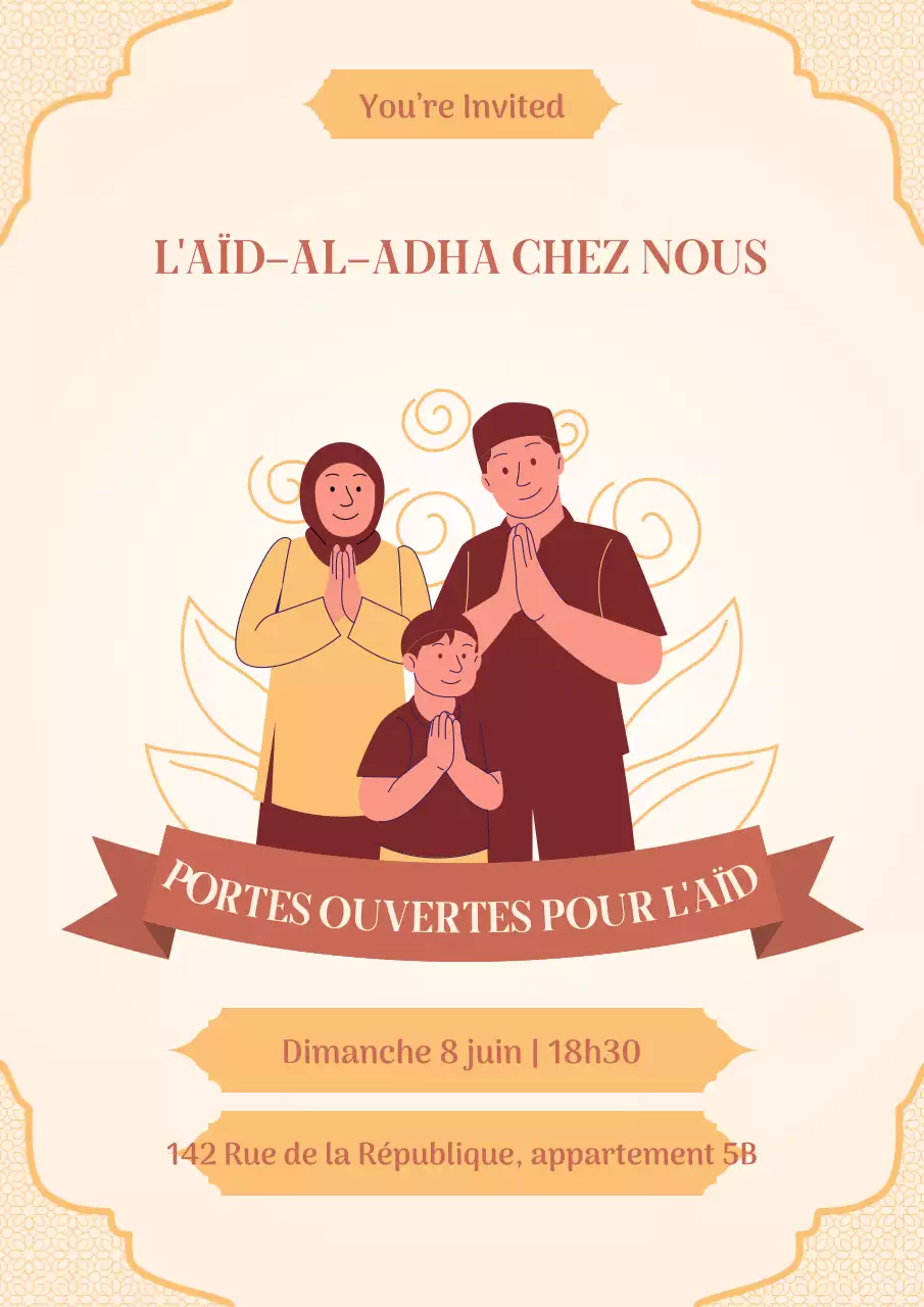 Affiche d'invitation traditionnelle beige pour l'Aïd el-Adha