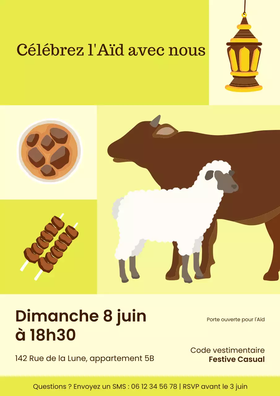Affiche d'invitation verte et marron pour l'Aïd al-Adha