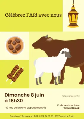 Affiche d'invitation verte et marron pour l'Aïd al-Adha