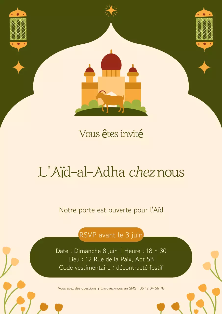 Affiche d'invitation verte et moderne pour l'Aïd al-Adha