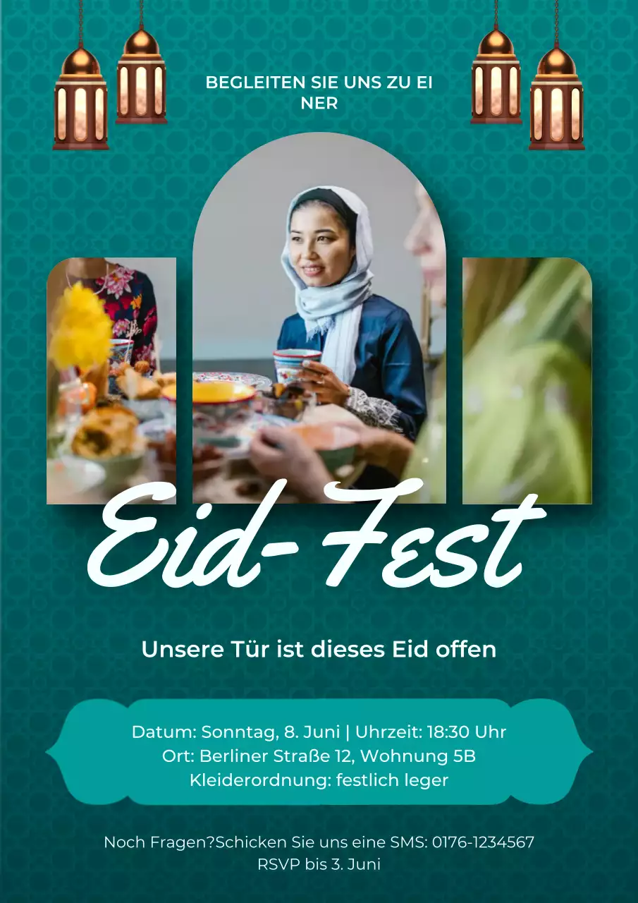 Blaugrünes traditionelles Eid-Einladungsplakat