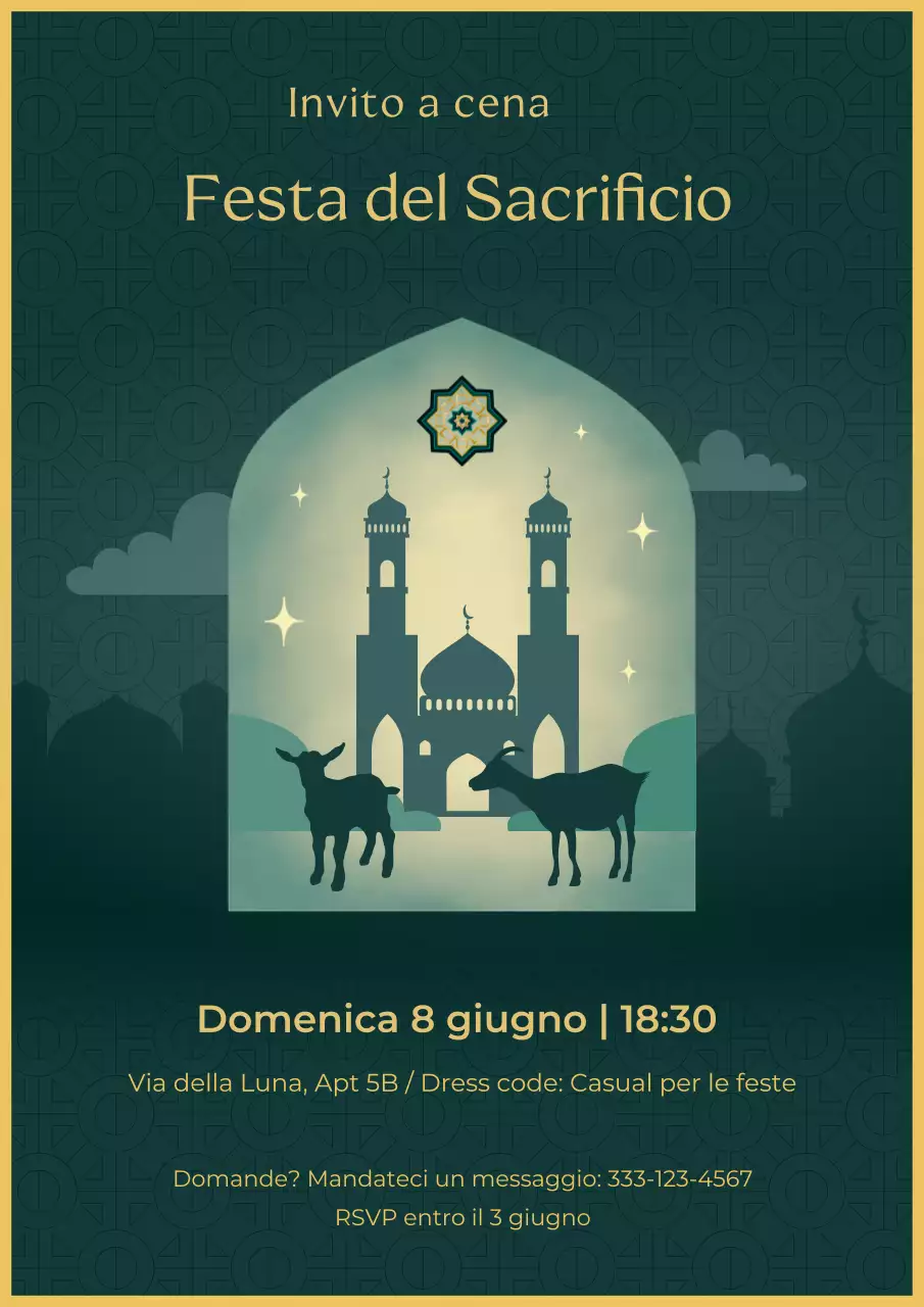 Poster verde per l'invito alla cena di Eid Al Adha