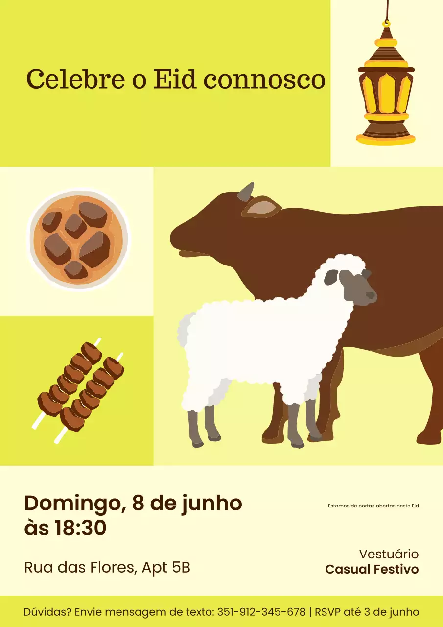 Cartaz de convite verde e marrom para o Eid Al-Adha