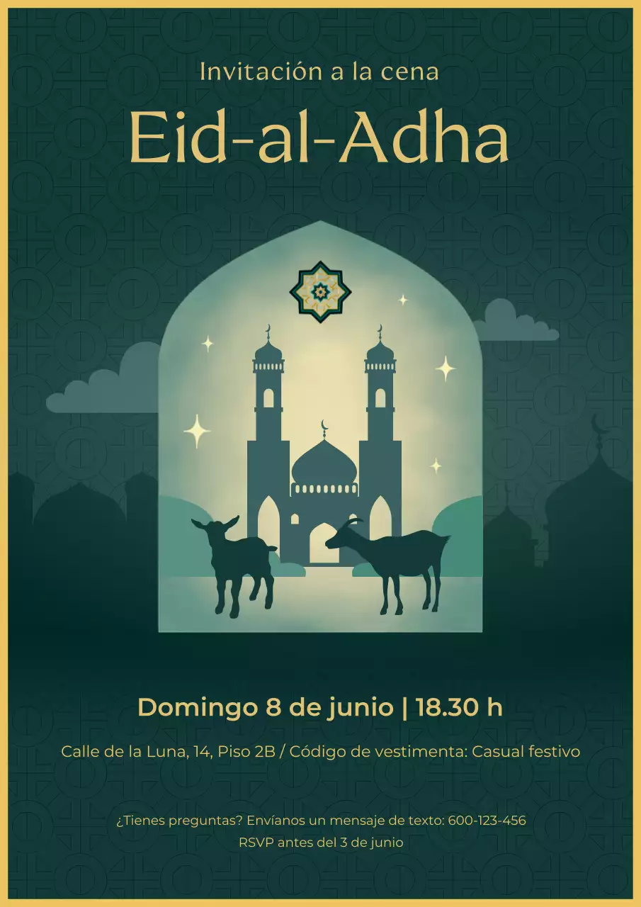 Cartel verde de invitación a la cena de Eid Al Adha