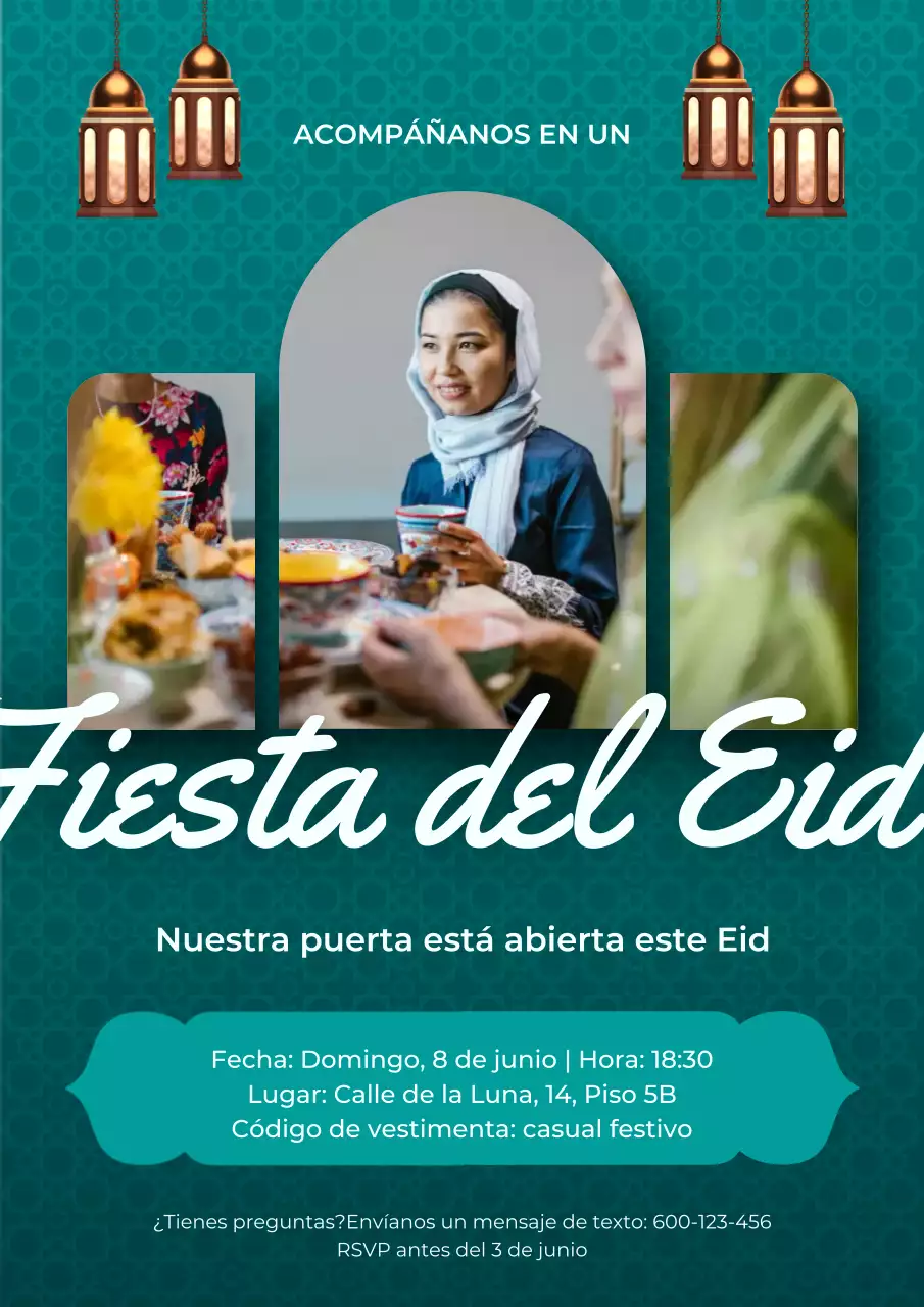 Cartel de invitación tradicional para el Eid en color verde azulado